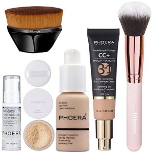 PHOERA 5-Piece Full Coverage Foundation Set with CC Cream, Primer, Powder, and Kabuki Brushes