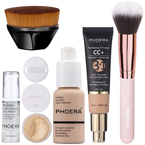 PHOERA 5-Piece Full Coverage Foundation Set with CC Cream, Primer, Powder, and Kabuki Brushes