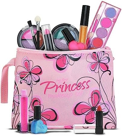 Playkidz Real Washable Play Make Up Set for Princess - Kids Makeup Kit for Girls Non Toxic - Full Makeup Dress Up Set with Bag. (11 PC)