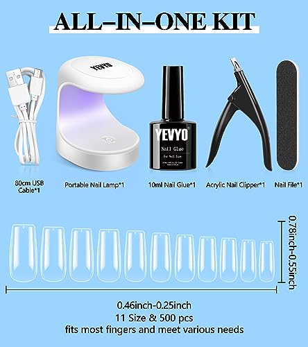 Portable Gel Nail Extension Kit 500 Short Square Tips UV Lamp Nail Glue Included - Image 2