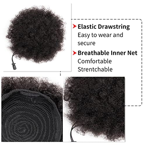 Afro Puff Drawstring Ponytail Human Hair Small Kinky Curly Ponytail Buns Hairpieces 8A Brazilian Virgin Hair Short Clip In Ponytails for Black Women Girls Kids 6 Inch Natural Black - Image 2