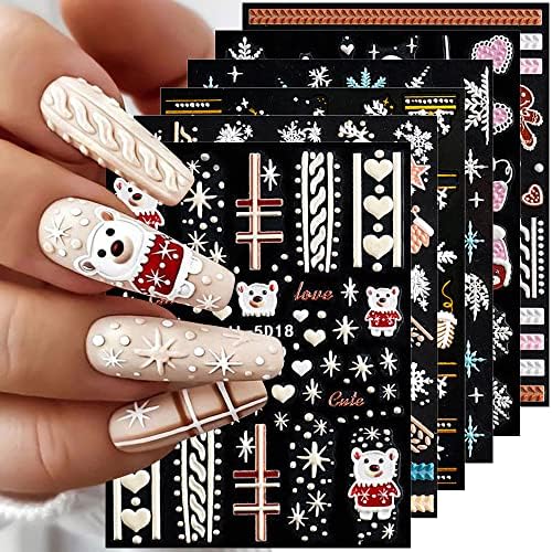 5D Christmas Nail Stickers,Stereoscopic Embossed Christmas Nail Decals Cartoon Bear Xmas Snowflake Nail Sticker Self-Adhesive Nail Art Stickers Winter Nail Design Nail Supplies for Women,6 Sheets/Set
