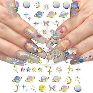 5D Engraved Galaxy Stickers for Nails Gradient Colorful Space Planet Butterfly Design Decals Macarone Charm Moon Star Nail Art Stickers Decals Self-Adhesive Relief Aster Nail Decorations Accessories