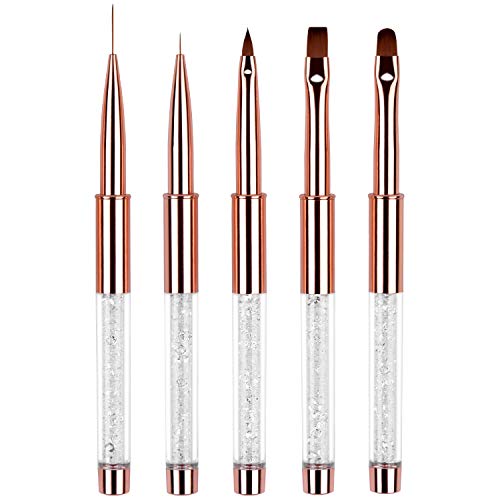 5Pcs Rose Gold Nail Art Brush Set with Rhinestone Handle for DIY Manicure and Salon