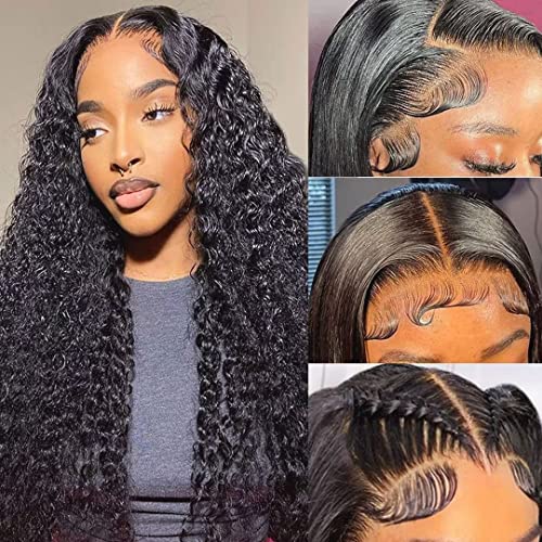 5x5 Deep Wave Lace Closure Wigs 5x5 HD Lace Closure Wigs Human Hair for Women 5x5 Transparent Lace Front Wigs Pre Plucked with Baby Hair Super Soft Free Part 180 Density Natural Black 28 inch