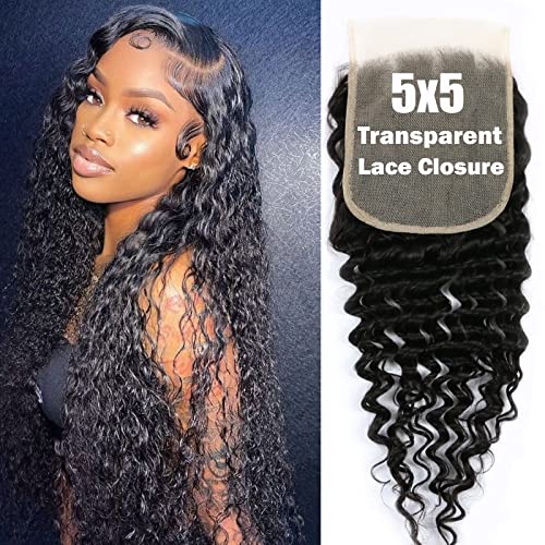 5x5 HD Lace Closure Human Hair Deep Wave Closure 12A 5x5 Lace Closure Brazilian Virgin Remy Human Hair Pre Plucked with Baby Hair Natural Black Color (14 Inch)
