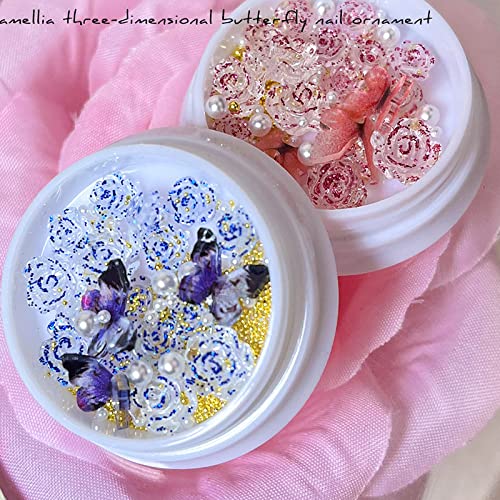 6 Boxes 3D Rose Flower Butterfly Nail Charms Acrylic Pink Black Blue 3D Butterfly Rose Flower Nail Art Charms Mix Pearl Gold Metal Round Beads for Nail Art Designs Accessories DIY Craft - Image 4