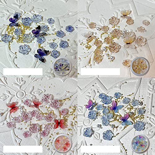 6 Boxes 3D Rose Flower Butterfly Nail Charms Acrylic Pink Black Blue 3D Butterfly Rose Flower Nail Art Charms Mix Pearl Gold Metal Round Beads for Nail Art Designs Accessories DIY Craft - Image 3