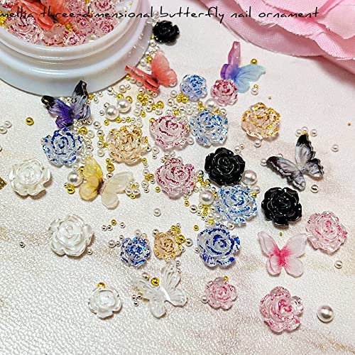 6 Boxes 3D Rose Flower Butterfly Nail Charms Acrylic Pink Black Blue 3D Butterfly Rose Flower Nail Art Charms Mix Pearl Gold Metal Round Beads for Nail Art Designs Accessories DIY Craft - Image 5
