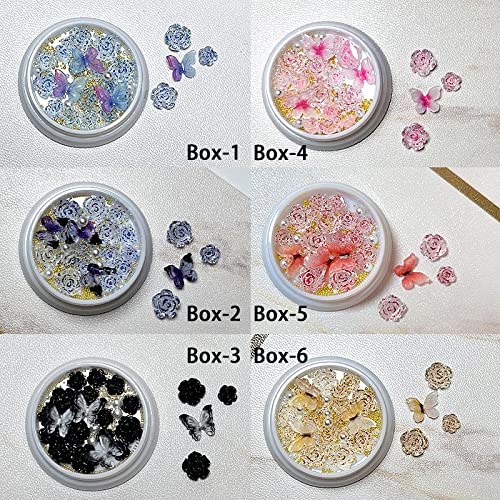 6 Boxes 3D Rose Flower Butterfly Nail Charms Acrylic Pink Black Blue 3D Butterfly Rose Flower Nail Art Charms Mix Pearl Gold Metal Round Beads for Nail Art Designs Accessories DIY Craft - Image 2