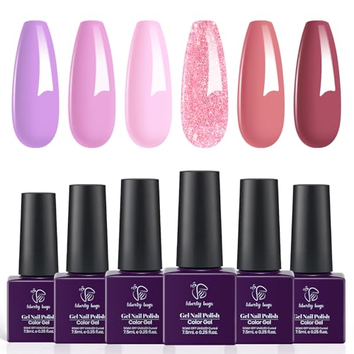 6-Color 7.5ml Gel Nail Polish Set: Rose Red, Purple Pink Glitter, Long-Lasting Soak Off