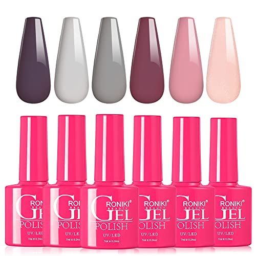 6 Colors Gel Nail Polish Set - Includes Nude, Light Pink, Mauve, Gray, Neutral Gel Nail Polish, Trendy Nail Gel Polish Soak Off UV for DIY Home Salon Nails Women Gifts
