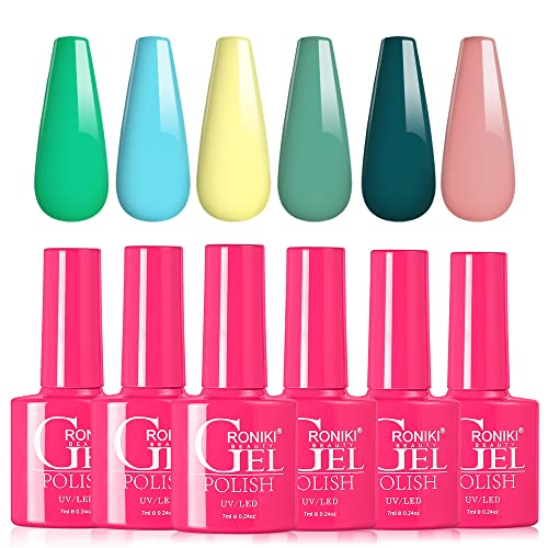 6 Colors Pastel Gel Nail Polish Set, Light Green, Baby Blue, Yellow, Teal, Pink, Summer Gel Polish Kit Soak Off UV LED Polish Nail DIY Home Nail Art Gifts for Women