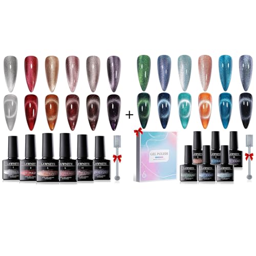 6 Colors Purple Red Pink Magnetic Holographic Jelly Crystal Cat Eye Gel Nail Polish Set and 6 Colors Green Blue Crystal Magnetic Holographic Jelly Cat Eye Gel Nail Polish Sets