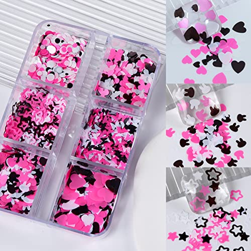 6 Grids Heart Nail Glitter Sequins Holographic 3D Heart Nail Art Stickers Glitter Design Mixed Pink Heart Rabbit Nail Sparkle Glitter for Women Girls Heart Glitter Nail Decoration DIY Manicure - Image 4