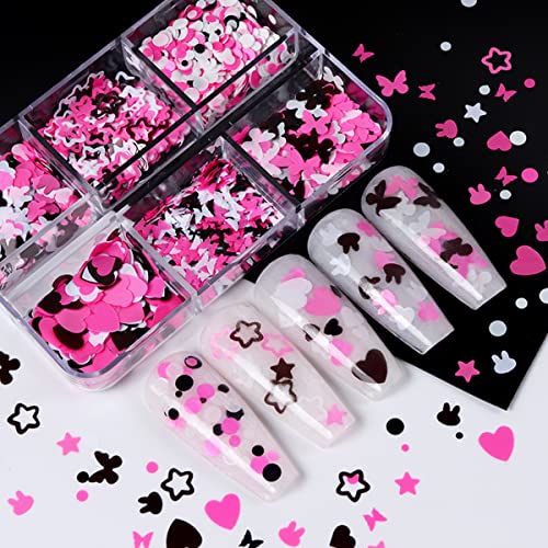 6 Grids Heart Nail Glitter Sequins Holographic 3D Heart Nail Art Stickers Glitter Design Mixed Pink Heart Rabbit Nail Sparkle Glitter for Women Girls Heart Glitter Nail Decoration DIY Manicure - Image 2