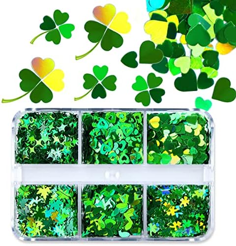 6 Grids Shamrock Nail Glitter Sequins St Patricks Day Nail Glitter Flakes Holographic Heart Green Clover Nail Decals Irish St. Patrick's Day Nail Art Stickers Confetti Glitter for Nail Art Decoration - Image 3
