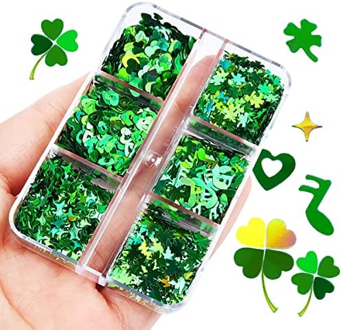 6 Grids Shamrock Nail Glitter Sequins St Patricks Day Nail Glitter Flakes Holographic Heart Green Clover Nail Decals Irish St. Patrick's Day Nail Art Stickers Confetti Glitter for Nail Art Decoration - Image 6