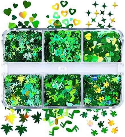 6 Grids Shamrock Nail Glitter Sequins St Patricks Day Nail Glitter Flakes Holographic Heart Green Clover Nail Decals Irish St. Patrick's Day Nail Art Stickers Confetti Glitter for Nail Art Decoration - Image 5