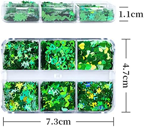 6 Grids Shamrock Nail Glitter Sequins St Patricks Day Nail Glitter Flakes Holographic Heart Green Clover Nail Decals Irish St. Patrick's Day Nail Art Stickers Confetti Glitter for Nail Art Decoration - Image 7
