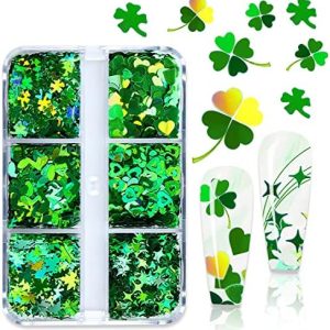 6 Grids Shamrock Nail Glitter Sequins St Patricks Day Nail Glitter Flakes Holographic Heart Green Clover Nail Decals Irish St. Patrick's Day Nail Art Stickers Confetti Glitter for Nail Art Decoration