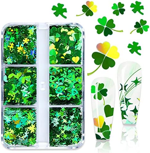 6 Grids Shamrock Nail Glitter Sequins St Patricks Day Nail Glitter Flakes Holographic Heart Green Clover Nail Decals Irish St. Patrick's Day Nail Art Stickers Confetti Glitter for Nail Art Decoration