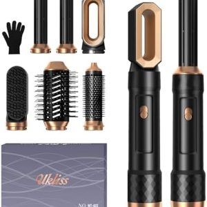 6 in 1 Blow Dryer Brush, Curling Wand Hair Air Styling Tools Set, Ionic Hair Dryer with Massage Hot Air Brush,Round Hair Dryer Brush, Thermal Brush,Hair Straightener,Left&Right Rotating Curling Wand
