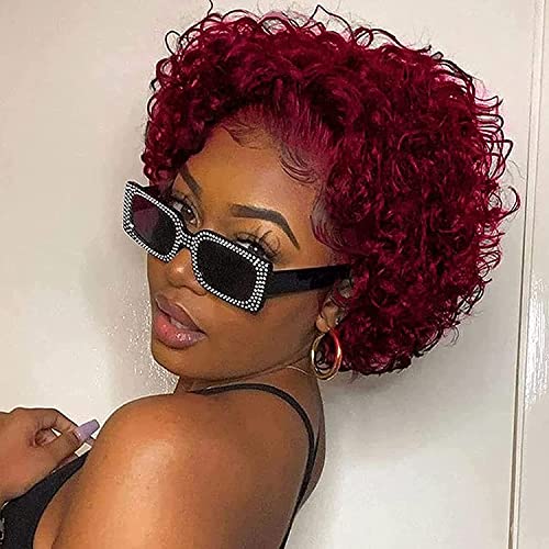 Short 6 Inch 99J Pixie Cut Curly Human Hair Lace Front Wig for Black Women