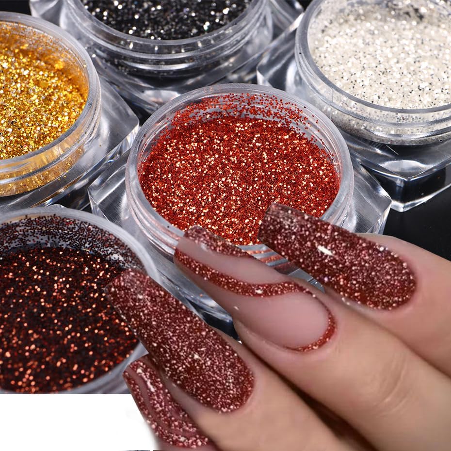 6 Jars Holographic Nail Art Glitter Sequins Kits, Metallic Shining Pigment Acrylic Powder 3D Nail Art Jewelry Glitter Dust Sequins Dipping Powder for Nails Art Decoration Gel Polish Manicure, 6 Colors - Image 7
