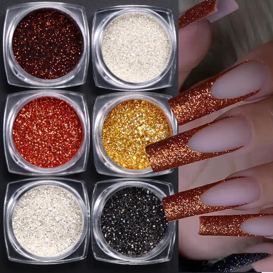 6 Jars Holographic Nail Art Glitter Sequins Kits, Metallic Shining Pigment Acrylic Powder 3D Nail Art Jewelry Glitter Dust Sequins Dipping Powder for Nails Art Decoration Gel Polish Manicure, 6 Colors - Image 6