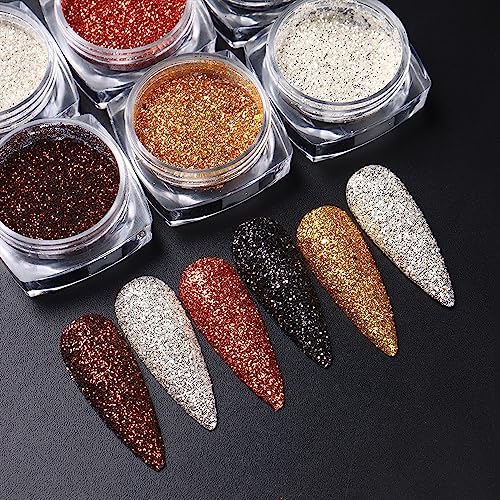 6 Jars Holographic Nail Art Glitter Sequins Kits, Metallic Shining Pigment Acrylic Powder 3D Nail Art Jewelry Glitter Dust Sequins Dipping Powder for Nails Art Decoration Gel Polish Manicure, 6 Colors - Image 5