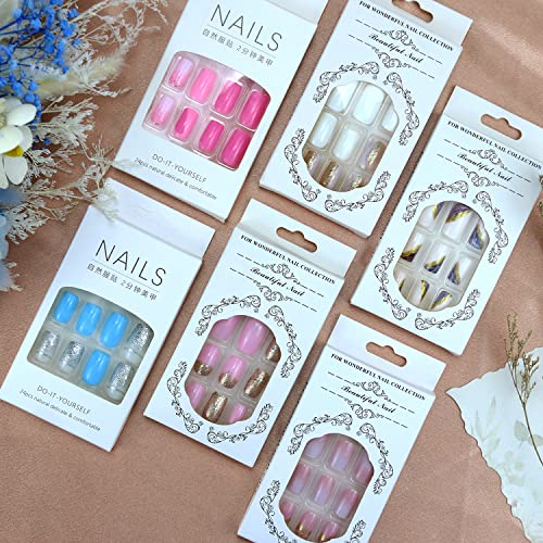 6 Packs (144Pcs) Press on Nails Medium Length French Design, White Purple Gold Foil, Blue Pink Gradient Flash Medium Length Fake Nails Square French Glue on Nails Set with 3 Sheet 5D Exquisite Flower Nail Art Sticker Nails for Women and Girls - Image 2