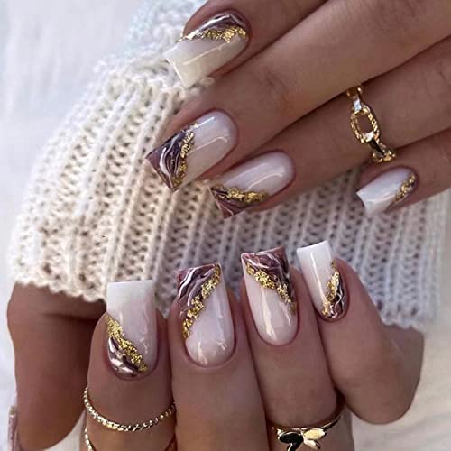 6 Packs (144Pcs) Press on Nails Medium Length French Design, White Purple Gold Foil, Blue Pink Gradient Flash Medium Length Fake Nails Square French Glue on Nails Set with 3 Sheet 5D Exquisite Flower Nail Art Sticker Nails for Women and Girls - Image 4