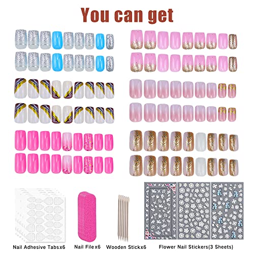 6 Packs (144Pcs) Press on Nails Medium Length French Design, White Purple Gold Foil, Blue Pink Gradient Flash Medium Length Fake Nails Square French Glue on Nails Set with 3 Sheet 5D Exquisite Flower Nail Art Sticker Nails for Women and Girls - Image 3