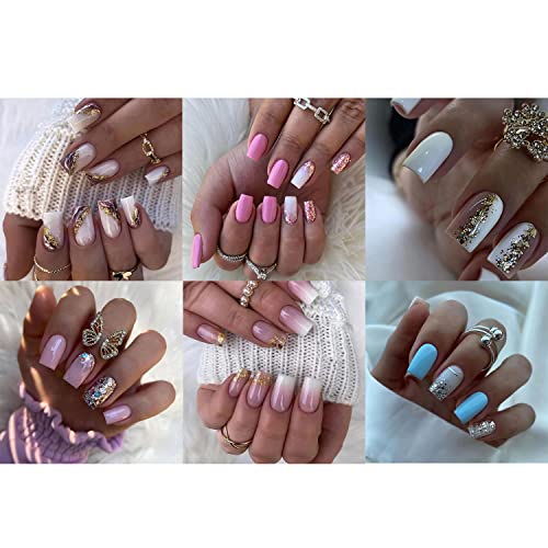 6 Packs (144Pcs) Press on Nails Medium Length French Design, White Purple Gold Foil, Blue Pink Gradient Flash Medium Length Fake Nails Square French Glue on Nails Set with 3 Sheet 5D Exquisite Flower Nail Art Sticker Nails for Women and Girls