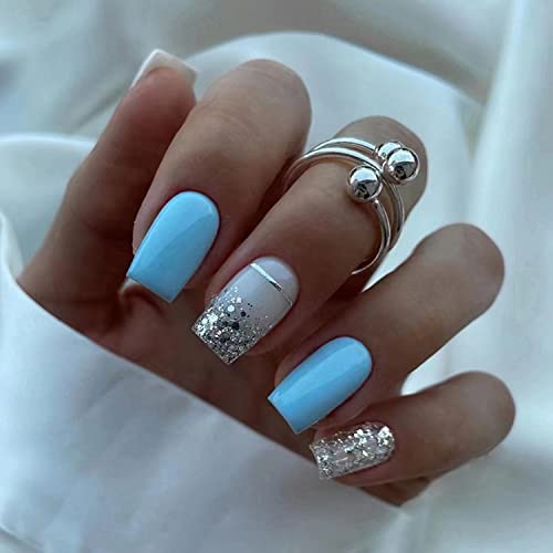 6 Packs (144Pcs) Press on Nails Medium Length French Design, White Purple Gold Foil, Blue Pink Gradient Flash Medium Length Fake Nails Square French Glue on Nails Set with 3 Sheet 5D Exquisite Flower Nail Art Sticker Nails for Women and Girls - Image 7