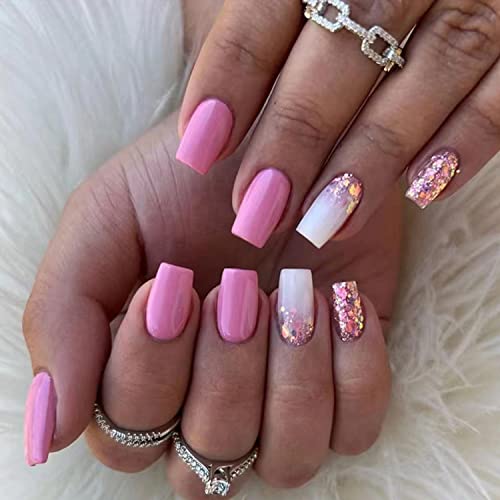 6 Packs (144Pcs) Press on Nails Medium Length French Design, White Purple Gold Foil, Blue Pink Gradient Flash Medium Length Fake Nails Square French Glue on Nails Set with 3 Sheet 5D Exquisite Flower Nail Art Sticker Nails for Women and Girls - Image 6