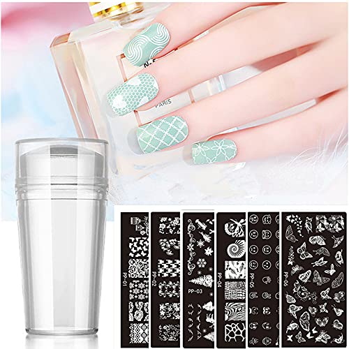 6 Pcs Nail Stamping Template with 1 Silicone Stamper 1 Acrylic Scraper Clear Silicone Nail Stamper Snowflake Christmas Nail Supplies Butterfly Nail Art Stamping Kit (transparent)