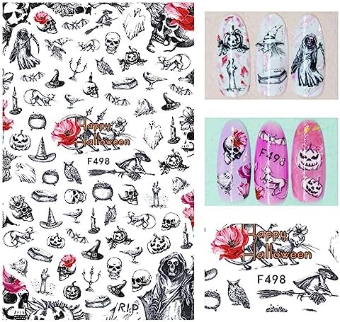 6 Sheets Black White Halloween Nail Art Horror Ghost Nail Decals 3D Self-Adhesive Scary Evil Clown Pumpkin Spider Skull Witch Flower Moon Nail Supplies Nail Art Design Decoration Accessories - Image 7