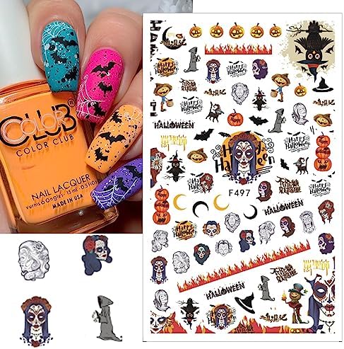 6 Sheets Black White Halloween Nail Art Horror Ghost Nail Decals 3D Self-Adhesive Scary Evil Clown Pumpkin Spider Skull Witch Flower Moon Nail Supplies Nail Art Design Decoration Accessories - Image 4
