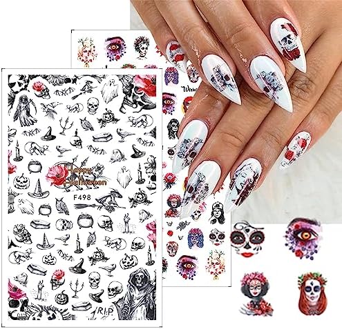 6 Sheets Black White Halloween Nail Art Horror Ghost Nail Decals 3D Self-Adhesive Scary Evil Clown Pumpkin Spider Skull Witch Flower Moon Nail Supplies Nail Art Design Decoration Accessories - Image 6