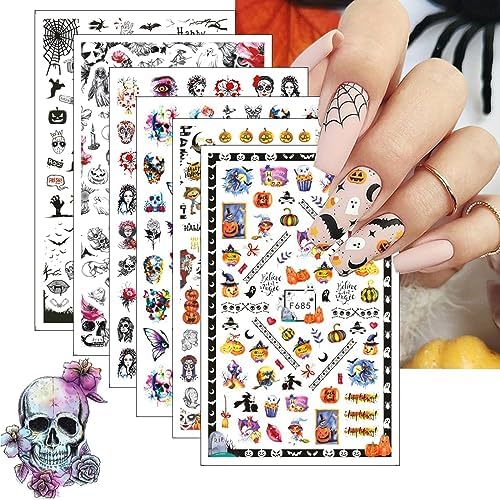 6 Sheets Black White Halloween Nail Art Horror Ghost Nail Decals 3D Self-Adhesive Scary Evil Clown Pumpkin Spider Skull Witch Flower Moon Nail Supplies Nail Art Design Decoration Accessories