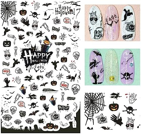 6 Sheets Black White Halloween Nail Art Horror Ghost Nail Decals 3D Self-Adhesive Scary Evil Clown Pumpkin Spider Skull Witch Flower Moon Nail Supplies Nail Art Design Decoration Accessories - Image 5