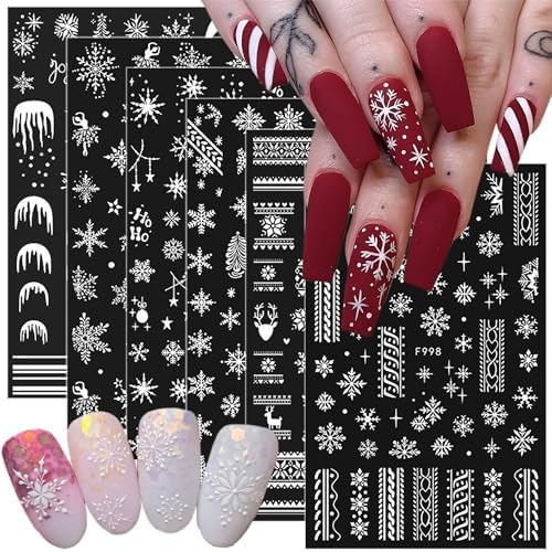 6 Sheets Christmas Nail Art Stickers 3D Self-Adhesive White Snowflake Nail Decals Snow Heart French Tip Winter Nails Stickers Cute Xmas Holiday Stickers Designs for Women Acrylic Nails DIY New Years