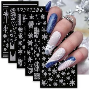 6 Sheets Christmas Nail Stickers Silver Glitter Snowflakes Nail Decals 3D Self-Adhesive Xmas Reindeer Nail Supplies Bell Snow French Nail Design Manicure Accessories for Women Girls Nail Decoration