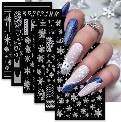 6 Sheets Christmas Nail Stickers Silver Glitter Snowflakes Nail Decals 3D Self-Adhesive Xmas Reindeer Nail Supplies Bell Snow French Nail Design Manicure Accessories for Women Girls Nail Decoration