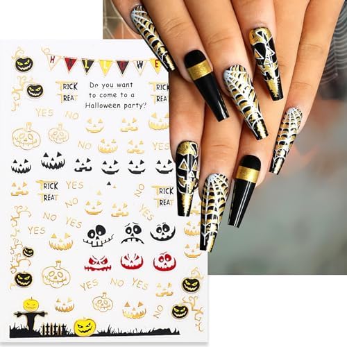 6 Sheets Halloween Nail Art Stickers Bronzing Gold Ghost Decals Stickers 3D Self-Adhesive Star Skull Nail Sticker Luxury Pumpkin Spider Witches Design Nail Supplies for Girls Acrylic Nail Decoration - Image 3