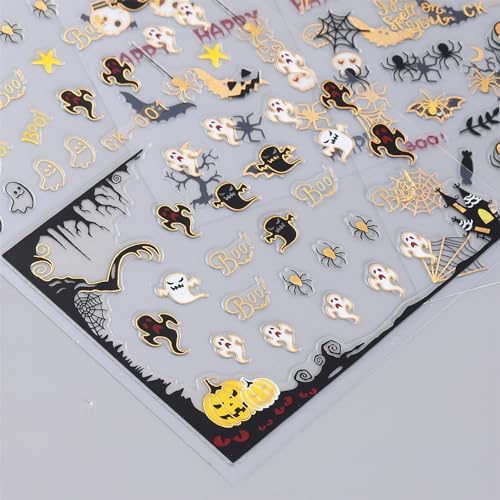 6 Sheets Halloween Nail Art Stickers Bronzing Gold Ghost Decals Stickers 3D Self-Adhesive Star Skull Nail Sticker Luxury Pumpkin Spider Witches Design Nail Supplies for Girls Acrylic Nail Decoration - Image 7