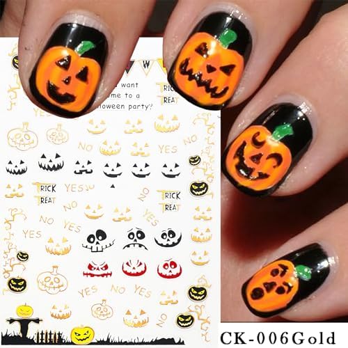 6 Sheets Halloween Nail Art Stickers Bronzing Gold Ghost Decals Stickers 3D Self-Adhesive Star Skull Nail Sticker Luxury Pumpkin Spider Witches Design Nail Supplies for Girls Acrylic Nail Decoration - Image 2