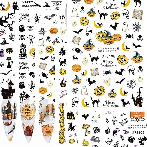 6 Sheets Halloween Nail Art Stickers Decal Black Skull Goth Pumpkin Nail Decals Designer Nail Art Supplies 3D Gothic Punk Horror Nail Stickers Halloween Nail Design Charm for Acrylic Nail Art Decoration